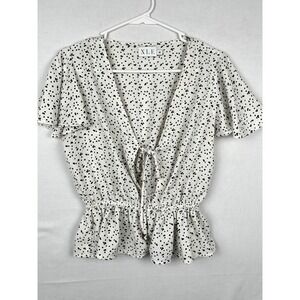 XLE Polka Dot Peplum Blouse Womens XS Tie Front Flutter Sleeve White Black